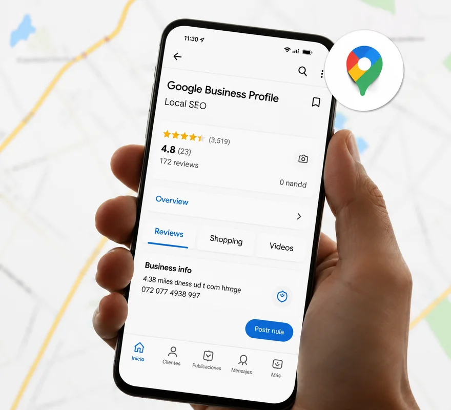Celular mostrando una ficha de Google Business Profile